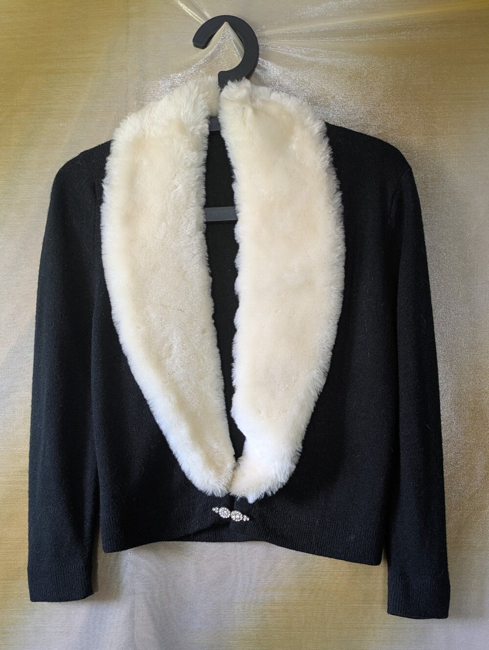 Vintage 1950's Monroe Black Cardigan Real Fur Collar Rhinestone Brooch M NWOT